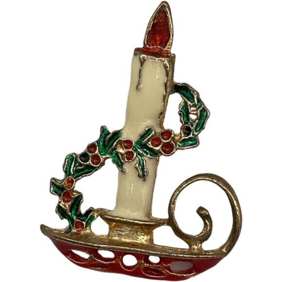 Vintage Gold Tone Candle & Holly Christmas Brooch Pin - Picture 1 of 4